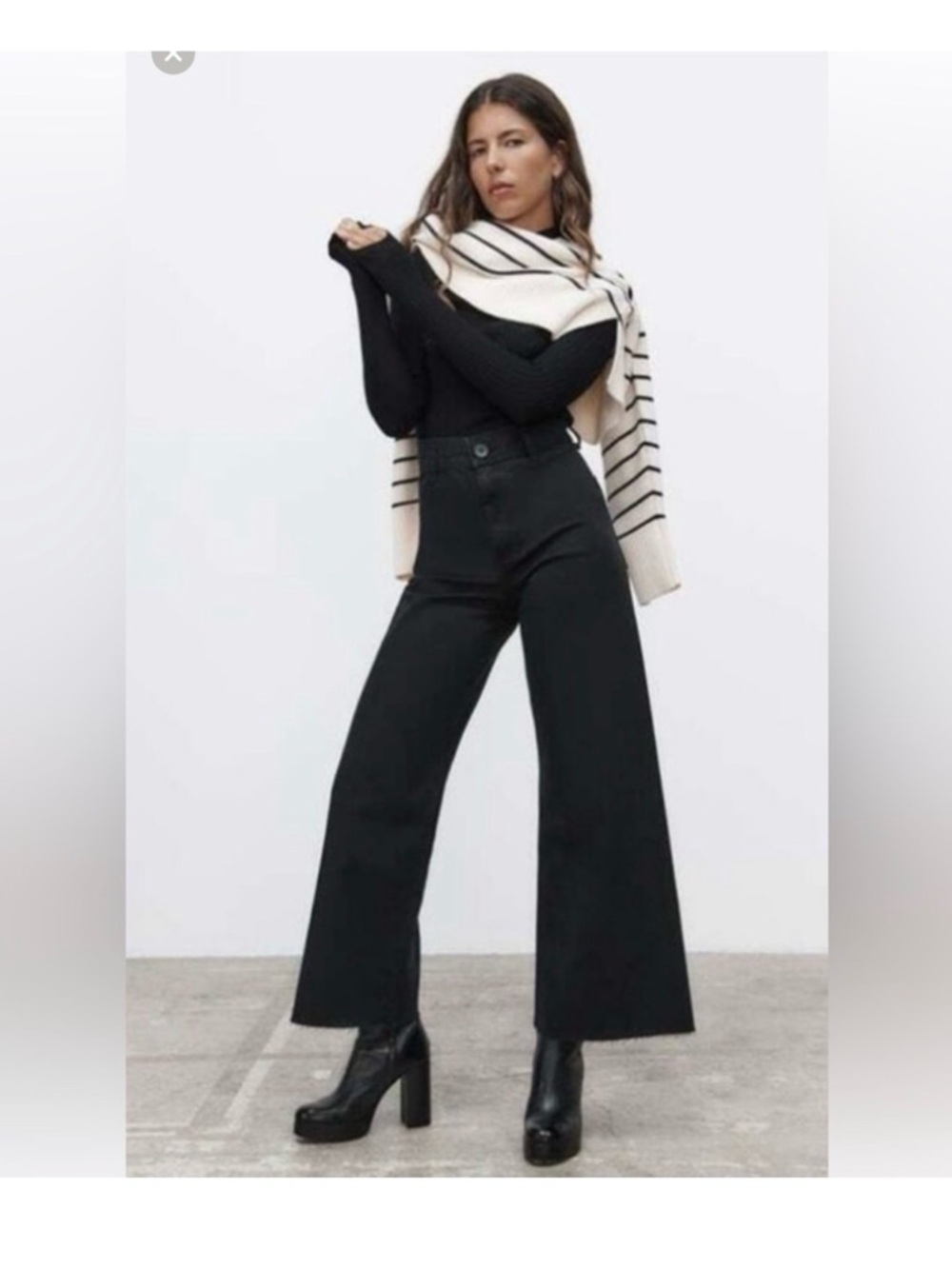 Zara The Marine Straight Jeans Women’s 6 Black Wash High Waist Wide Leg Raw Hem